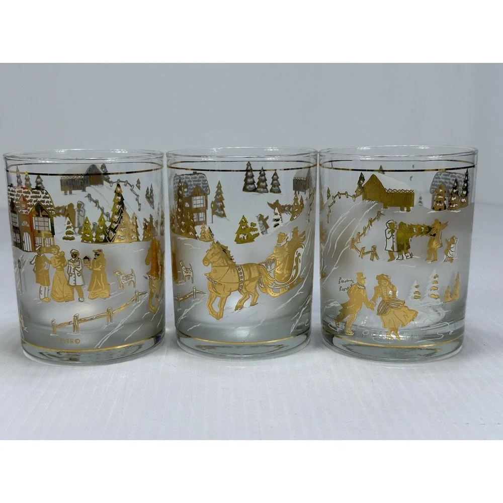 VINTAGE CHRISTMAS CULVER OLD FASHIONED GLASSES WINTER SCENES SLEIGH CAROLING